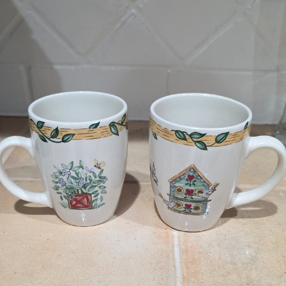 Thomson Pottery Birdhouse White Mugs with Nature Motifs Set Of 2